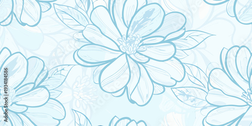 Delicate blue floral pattern with sketched magnolia blossoms and subtle shading
