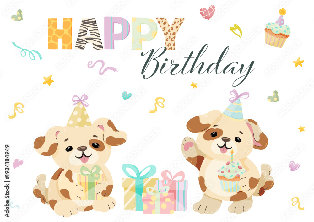 Fototapeta premium Happy Puppy Dog Birthday Cards with Cake and Balloons