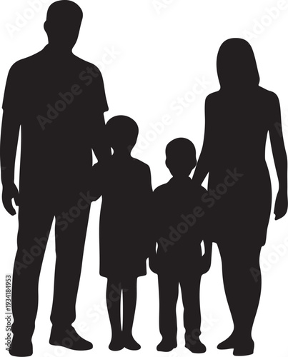 Black silhouette of family with two children white background 10