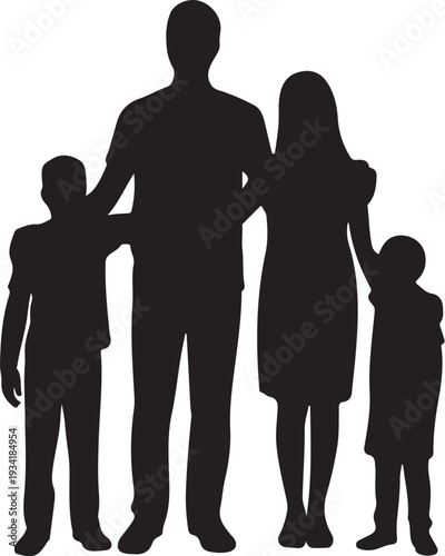 Black silhouette of family with two children white background 11