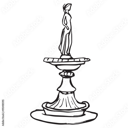 Hand drawn fountain statue sketch, vintage garden fountain with classical female figure on ornate pedestal, European park sculpture, line art black ink isolated on white
