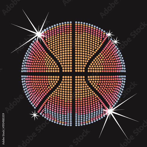 A basketball silhouette is composed of multicolored dots, accented by brilliant sparkles.