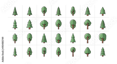 A grid of stylized tree illustrations showcasing various foliage and shapes for design
