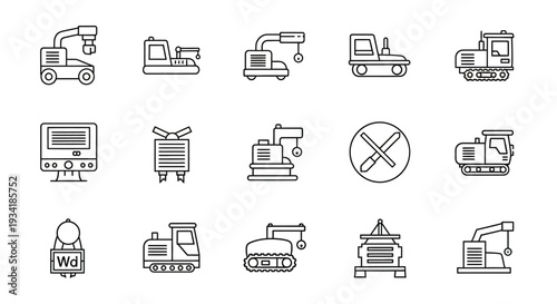 A schematic collection of industrial equipment, vehicles, and construction machinery