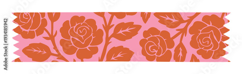 Vintage Sticky Note Tape with Rose Flower pattern. Isolated scrapbook adhesive scotch element