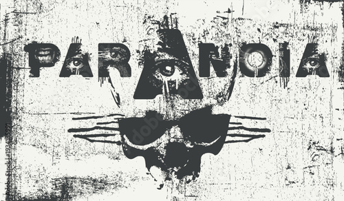 Vector lettering "Paranoia" in an urban grunge font featuring human eyes and aggressive mouths. Street art. A dark human skull. Suitable for posters, album covers, and t-shirts.
