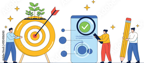 Business Goal Achievement Concept with Target Board, Checkmark Approval, and Giant Pencil Illustration Representing Success, Planning, Strategy, and Task Completion