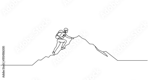 Minimalist line art of a climber ascending a mountain peak on a transparent background with bold outlines and simple shapes depicting adventure and challenge