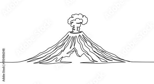 Minimalist line art of an erupting volcano on a transparent background with flowing lava and smoke in simple black outline style
