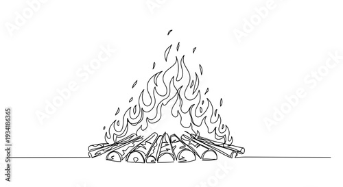 Minimalist line art of a campfire with flames and logs isolated on a transparent background