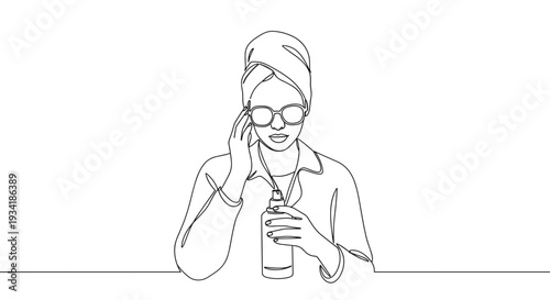Minimalist line art of a woman with glasses holding a drink while sitting at a table on a transparent background
