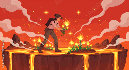 Adventurer collecting glowing plants in a volcanic landscape.