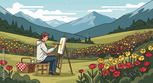 Artist painting a beautiful landscape scene outdoors.