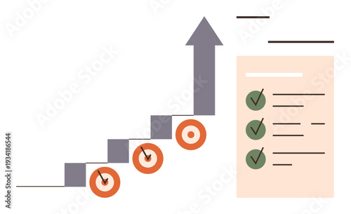 Business growth, goal tracking, project management, productivity, success planning, performance improvement. Graphic of an upward arrow on steps with a checklist. Business growth and goal tracking