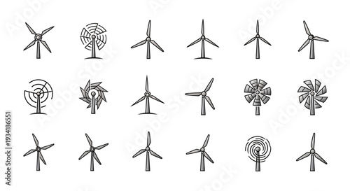 Assortment of illustrated wind turbines depicting renewable energy and clean power sources