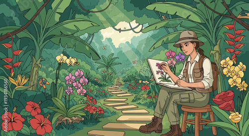 Artist painting exotic flowers in lush jungle setting.