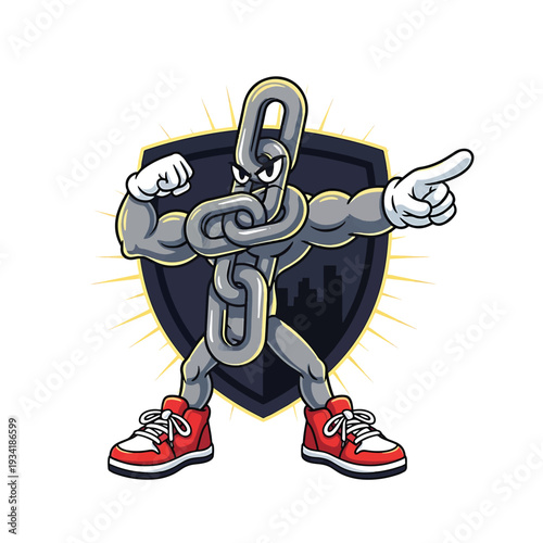 Strong chain character breaking free with shield backdrop