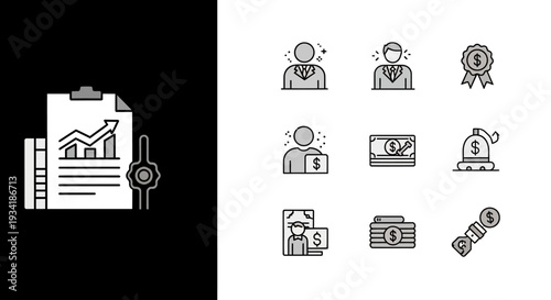 Business and finance themed icons, including graphs, money, and professional figures, on display