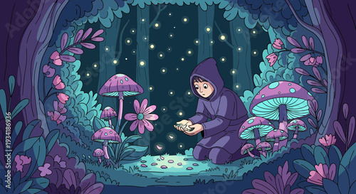 Mysterious hooded figure in enchanted forest clearing.