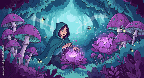 Mysterious woman in enchanted forest holding glowing orb.