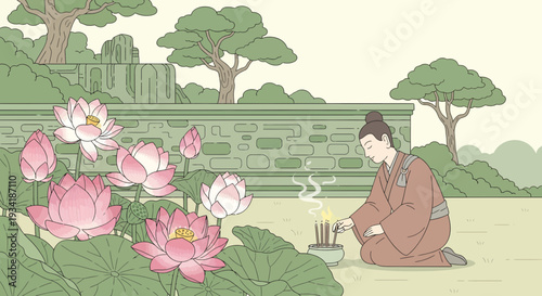 Woman in traditional Japanese attire lighting incense sticks.