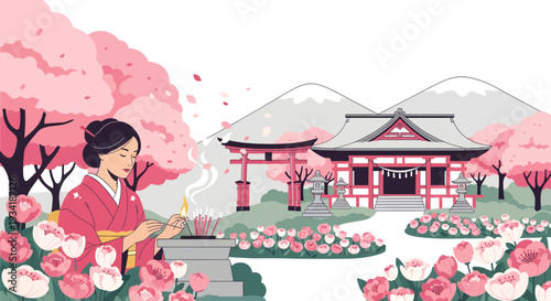 Woman in traditional Japanese kimono writing at a desk.