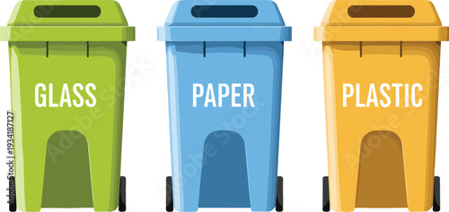 Color Coded Recycling Bins for Glass Paper and Plastic Waste Sorting Isolated on White Background for Environmental Conservation and Waste Management Design