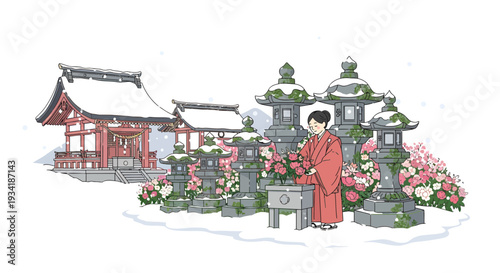 Woman in traditional Japanese kimono tending to lanterns.