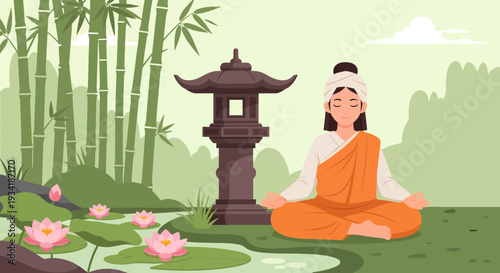 Woman meditating peacefully in serene garden setting.