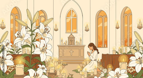 Woman praying in a church with lilies and candles.