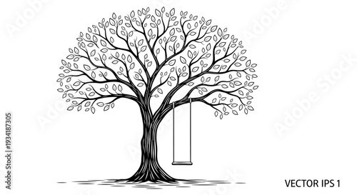 Detailed black and white vector illustration of a mature tree with a swing, lush foliage, strong trunk, representing nature, childhood, peace.