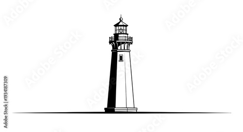 Detailed black and white illustration of a traditional lighthouse, a guiding beacon symbol for maritime navigation and coastal safety.