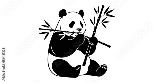 Cute black and white giant panda bear illustration sitting and happily eating bamboo stalks, playful wildlife graphic.