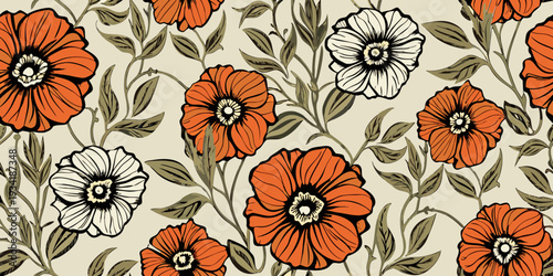 A repeating floral pattern featuring orange and white poppy like blooms