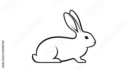 Minimalist black and white rabbit line art illustration, cute animal outline in profile for design element or coloring page.