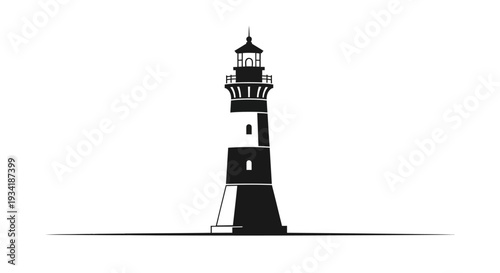 Detailed black and white lighthouse silhouette vector illustration, an iconic symbol for coastal navigation and maritime safety.