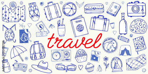 Hand drawn travel themed doodles including luggage accessories and destinations
