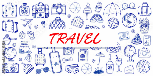 Hand drawn travel themed doodles featuring luggage globes and accessories