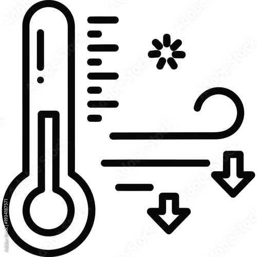 Thermometer with Cold Weather Symbols - Snowflake, Cloud, and Temperature Drop Arrows Icon