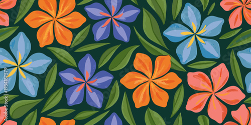 A vibrant seamless pattern of stylized tropical flowers and lush foliage