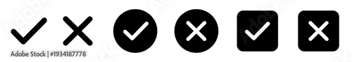 Check mark and cross icon set with circle and square UI buttons. Approve, reject, confirm and cancel symbols for app interface, web forms and dashboard validation design