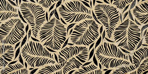 Elegant black tropical leaves pattern on a beige textured background