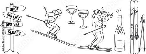 Winter Skiing and Après Ski Collection with Skiers on Slopes, Champagne Bottle, Wine Glasses, Directional Signpost, and Ski Equipment Set, CAD Drawing Flat Vector Illustration