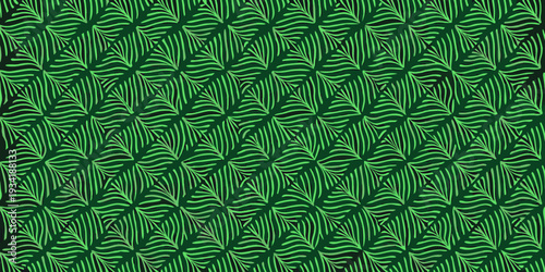 A vibrant repeating pattern of stylized green leaves on a dark background