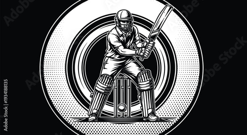 Professional cricket player batsman silhouette hitting ball in circular halftone frame for sports league logo tournament branding and athletic club posters
