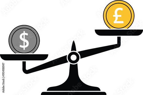 Dollar and Pound Currency Balance Scale Concept Showing Financial Comparison, Exchange Rate Difference, Global Economy, and International Money Market Imbalance