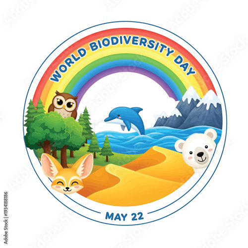 World Biodiversity Day Circle with Animals, Landscape and Rainbow