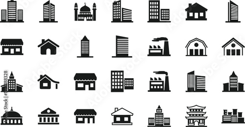Black building icons set including skyscrapers houses factories mosques pagodas and commercial real estate silhouettes for city map infographics web design