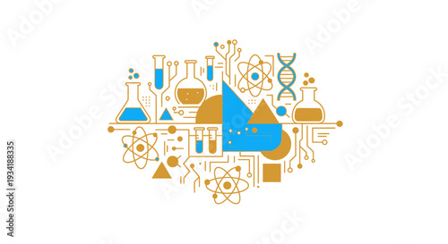 Abstract science and technology illustration with lab equipment and atomic structure designs