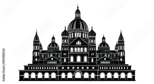 Black silhouette of a large ornate cathedral with multiple spires and a dome against a white background.